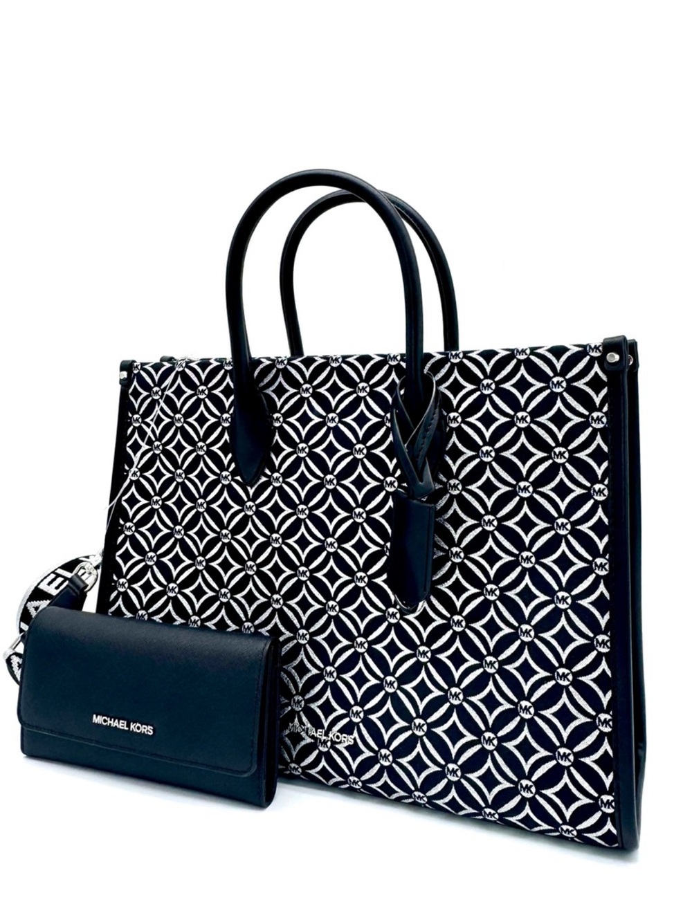 Michael Kors Medium Mirella Tote Bag & Large Trifold Wallet - Black /Silver